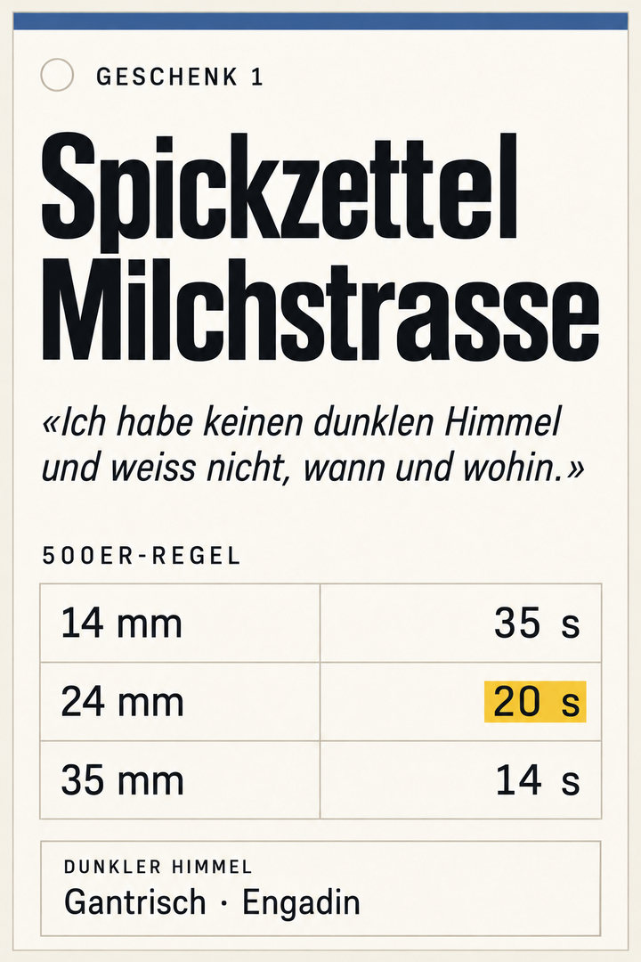 Geschenk 1: Spickzettel Milchstrasse – 500er-Regel nach Objektiv, Saison der Milchstrasse, Nachtplan und Orte mit dunklem Himmel in der Schweiz (Gantrisch, Engadin)