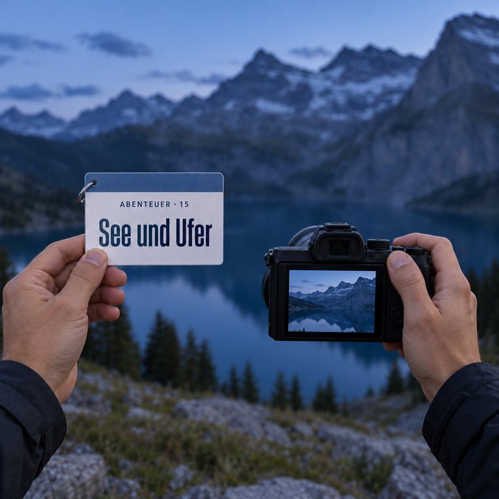 Hände halten eine Kamera am Oeschinensee nach Sonnenuntergang, in der anderen Hand ein Spickzettel «See und Ufer»