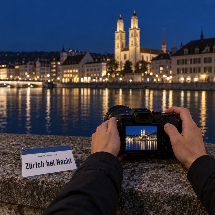 Hände stützen eine Kamera auf eine Steinmauer, im Hintergrund das beleuchtete Grossmünster in Zürich, daneben der Spickzettel «Zürich bei Nacht»