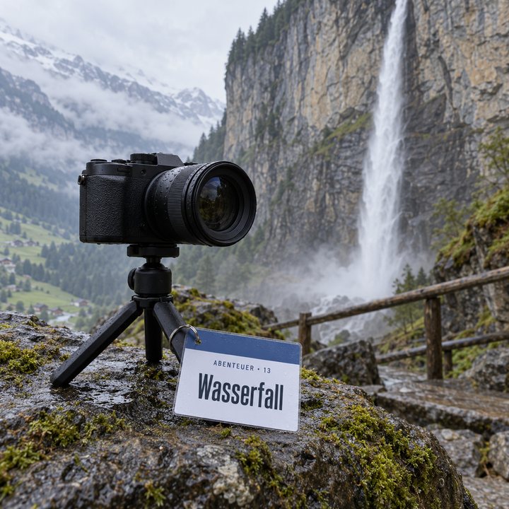 Kamera auf einem kleinen Stativ am Staubbachfall in Lauterbrunnen, am Stativ lehnt der Spickzettel «Wasserfall»