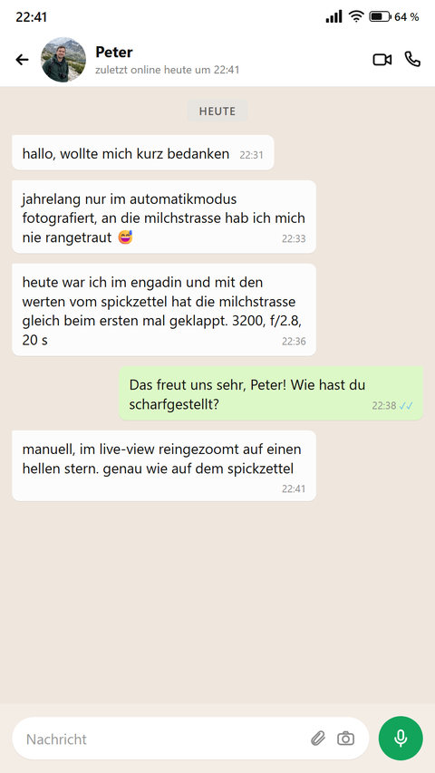 Ein Hobbyfotograf schreibt, dass ihm die Milchstrasse beim ersten Mal mit den Werten vom Spickzettel gelungen ist