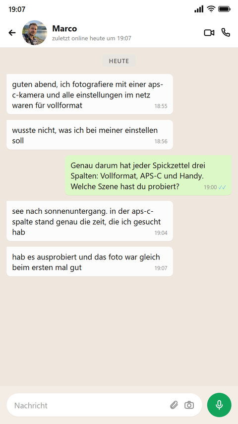 Ein APS-C-Kamerabesitzer schreibt, dass er dank der drei Spalten wusste, was einzustellen ist