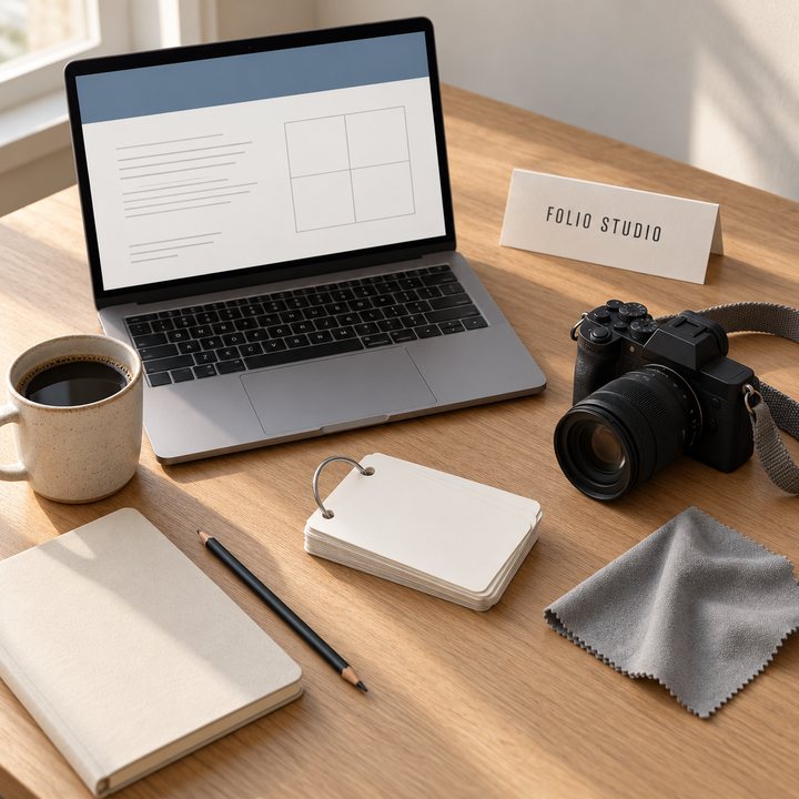 Der Arbeitstisch von Folio Studio: Notebook, Spickzettel am Ring, Kamera und Heft