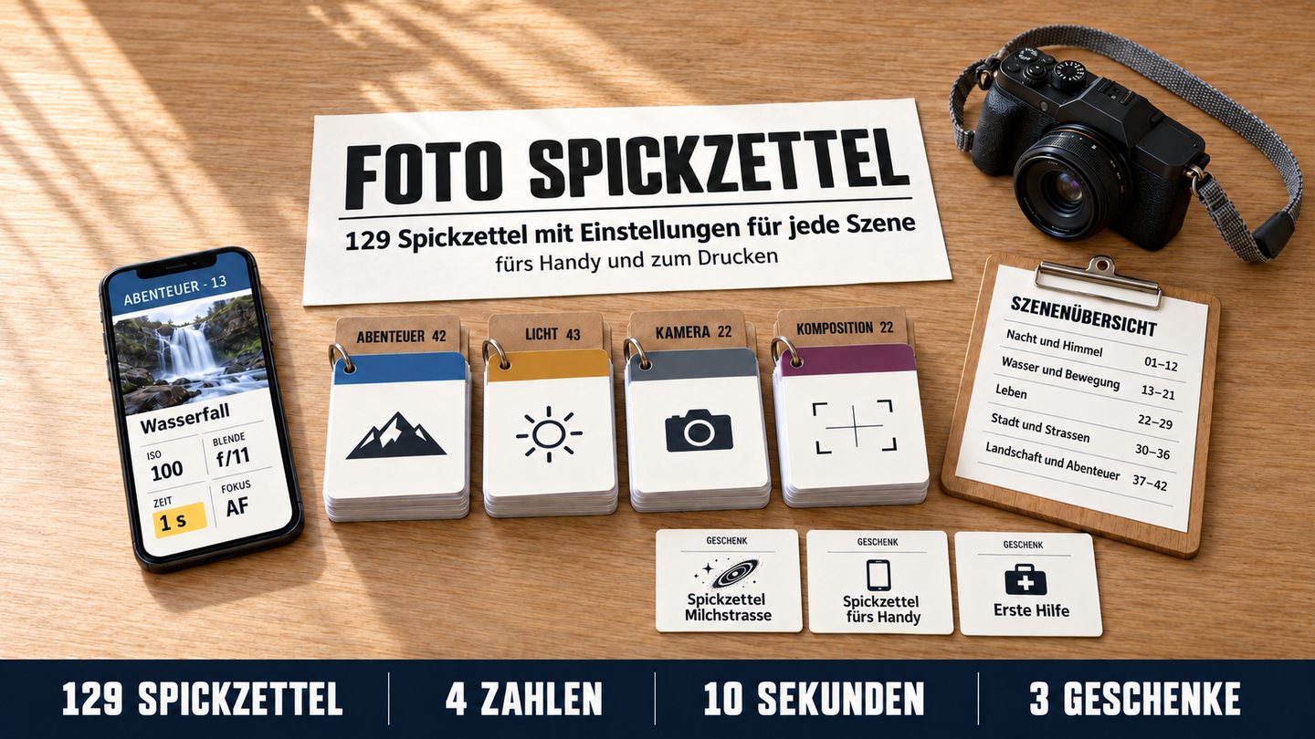 Das ganze Set auf dem Tisch: Handy mit einem Spickzettel, 129 Spickzettel nach Szene, die Szenenübersicht und 3 Geschenke neben einer Kamera