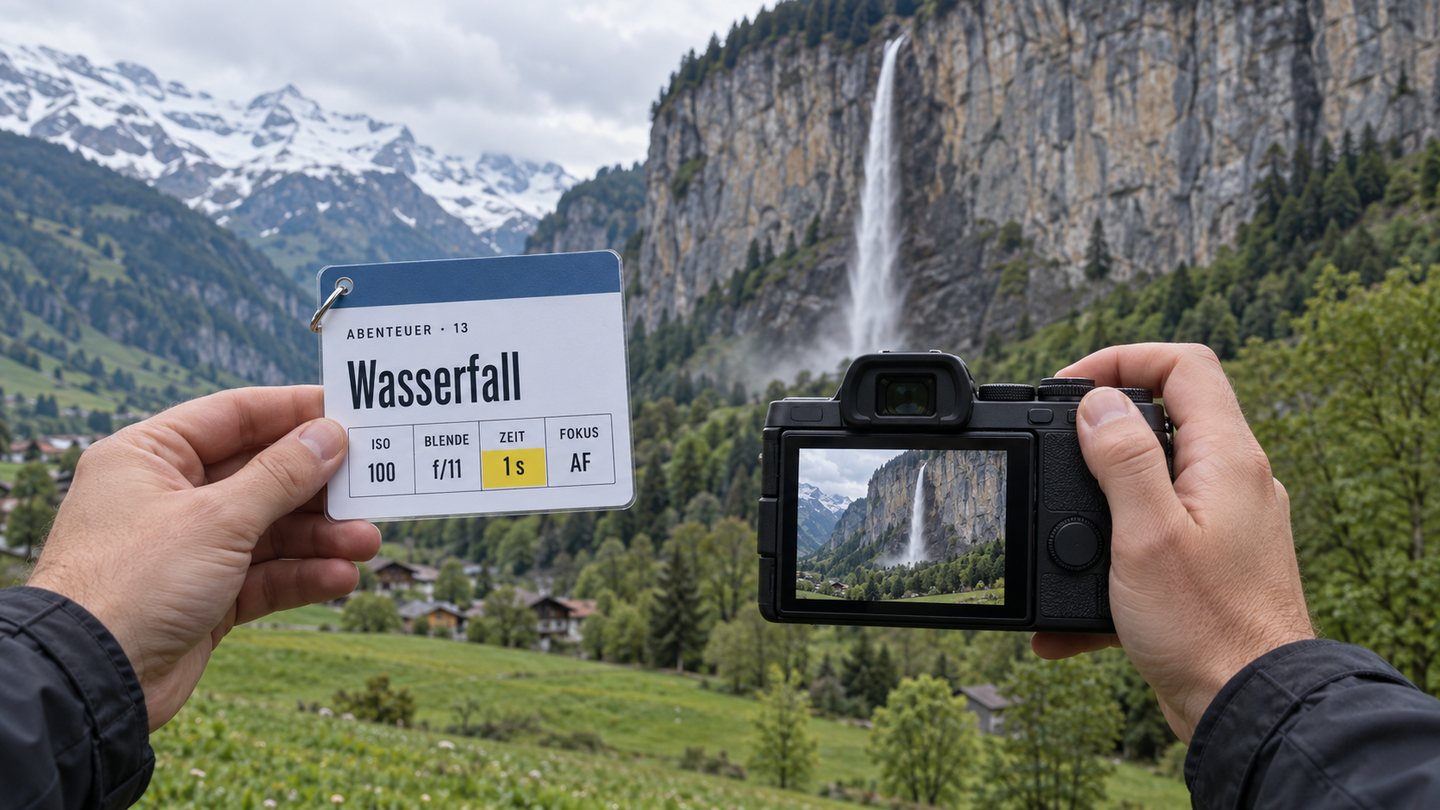 Hände halten eine Kamera vor einem Wasserfall, in der anderen Hand ein Spickzettel «Wasserfall» mit vier Werten