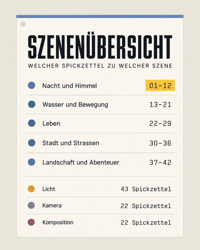 Szenenübersicht: welcher Spickzettel zu welcher Szene